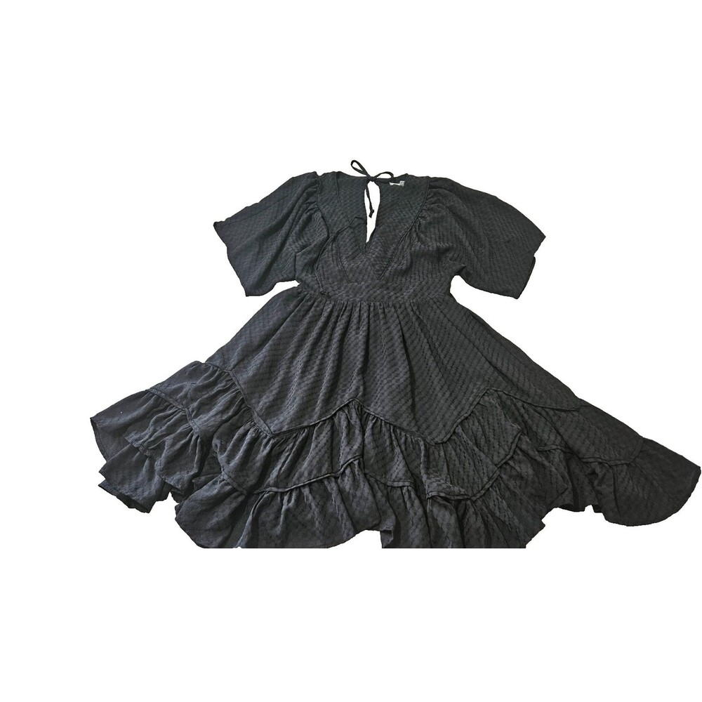 Voge Boutique Black V Neck Tiered Ruffle Short Sleeves Women's Dress Size S